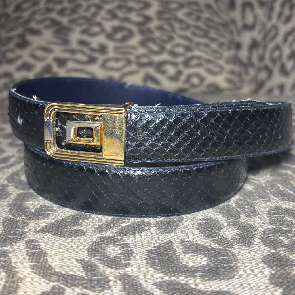 Vintage Navy Blue Snakeskin Belt With Gold Buckle Genuine Snakeskin Statement